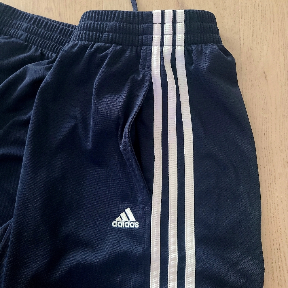 Mens Adidas Workout Pants. Size L. Color Navy Blue w/ White Stripes. - Picture 2 of 6